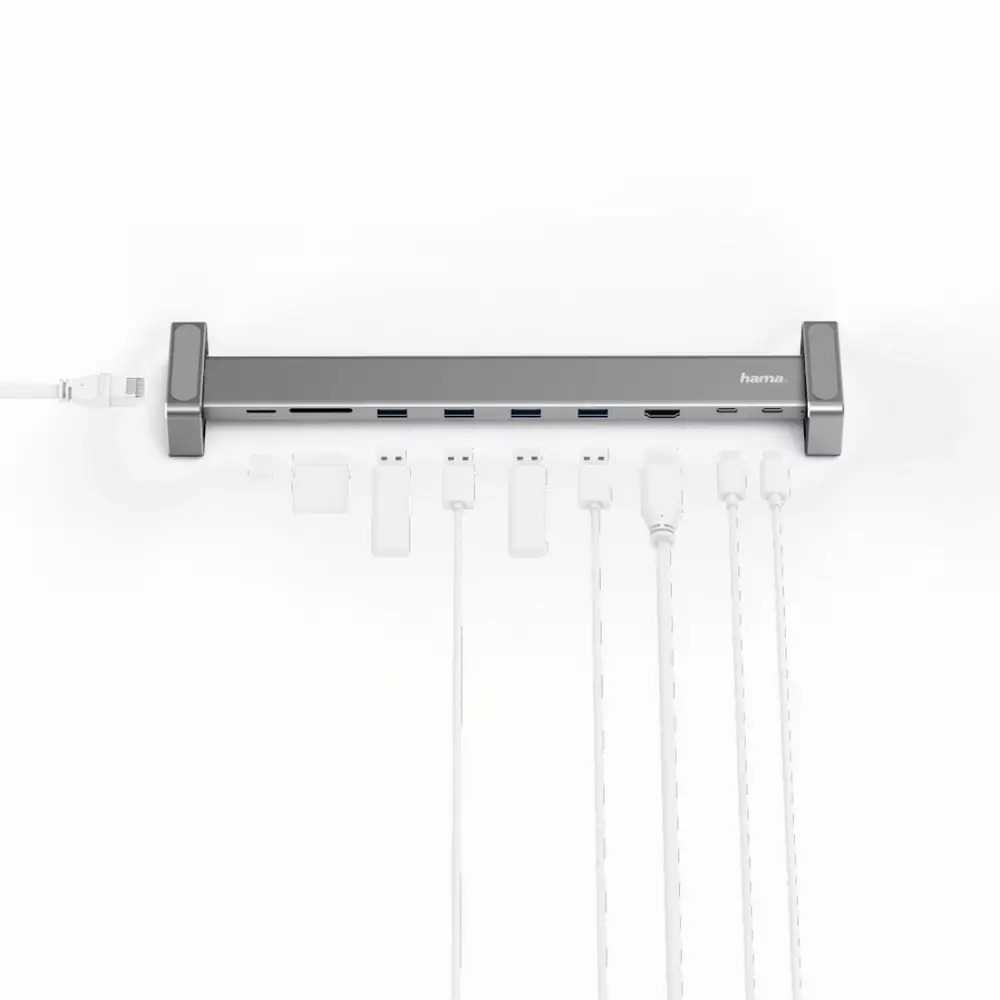 Докинг станция 9 в 1 HAMA 135765, 4 x USB-A, USB-C, HDMI&trade;, LAN, SD, microSD, Сив