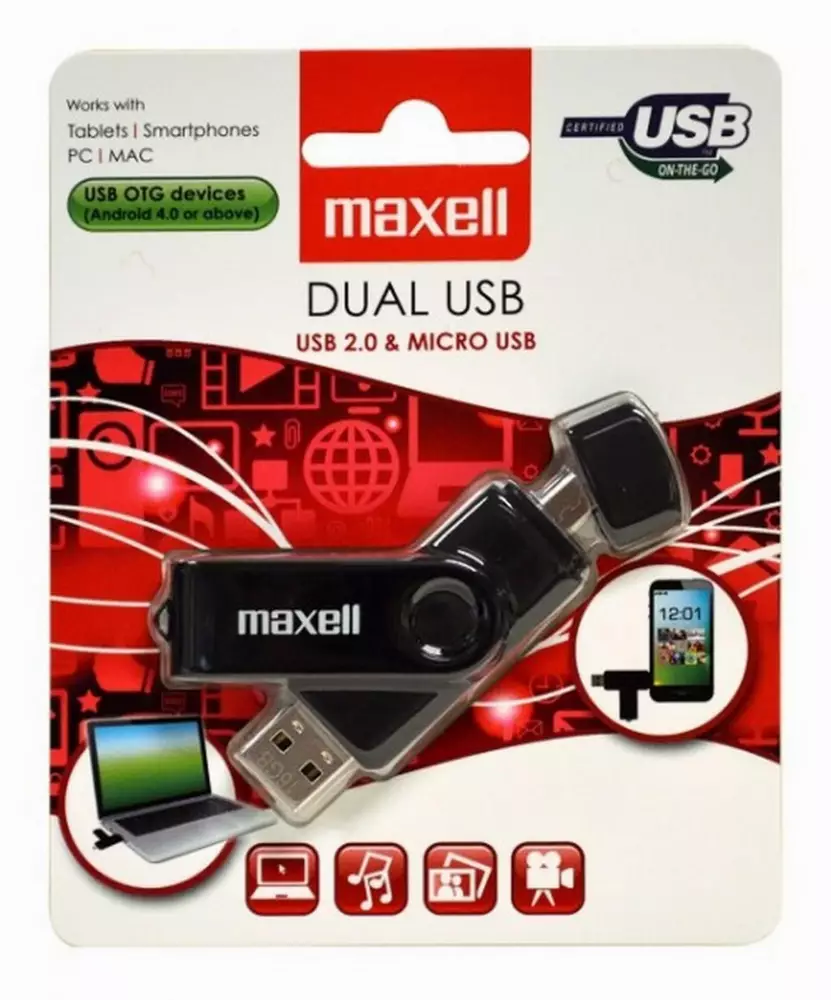 USB памет MAXELL DUAL, USB 2.0, 32GB, Черен