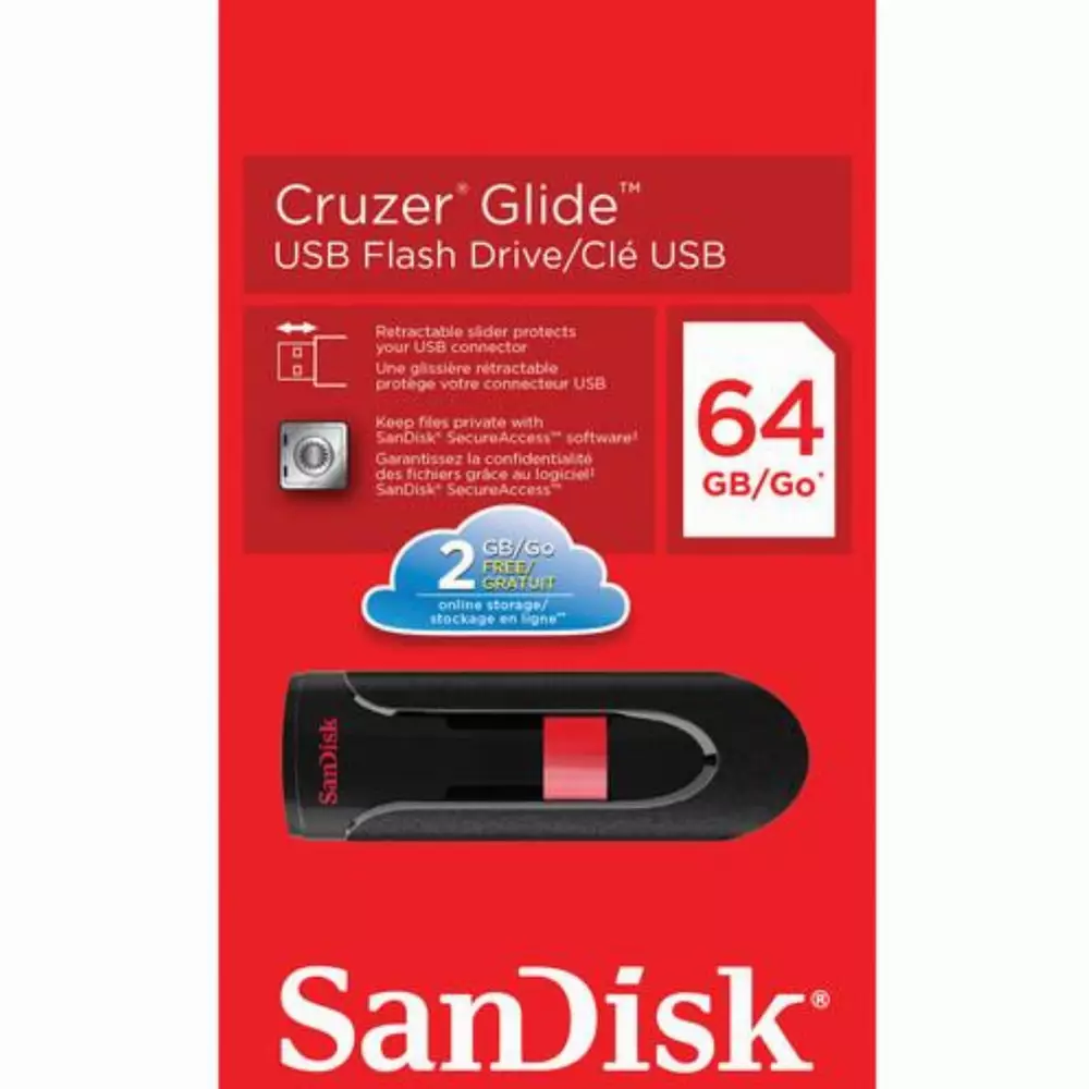 USB памет SanDisk Cruzer Glide, 64GB, USB 2.0, Черен-Червен