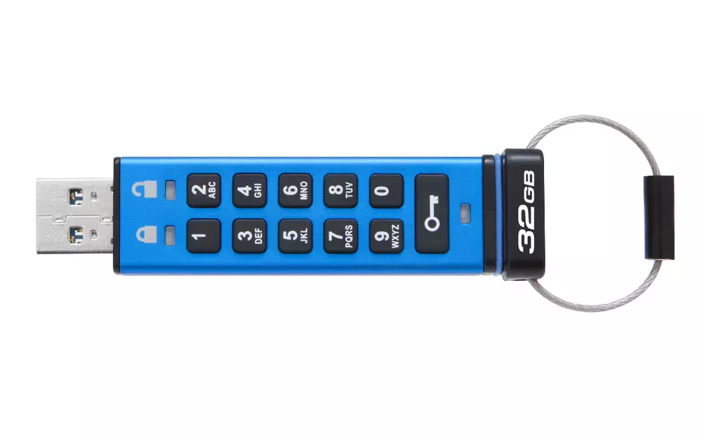 USB памет KINGSTON DataTraveler 2000, 32GB, USB 3.1, хардуерно криптиране, Син