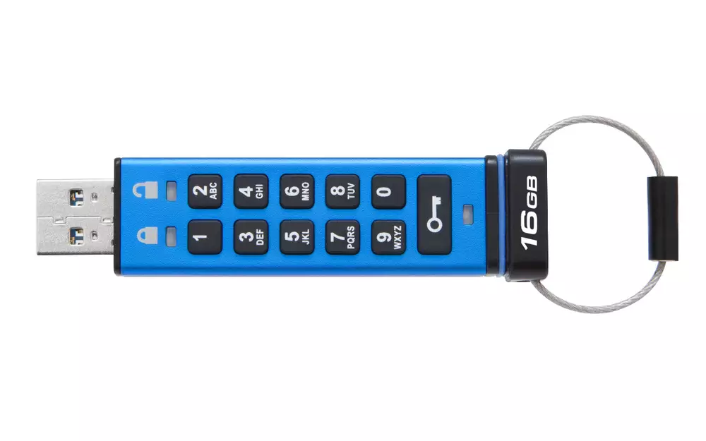 USB памет KINGSTON DataTraveler 2000, 16GB, USB 3.1, хардуерно криптиране, Син