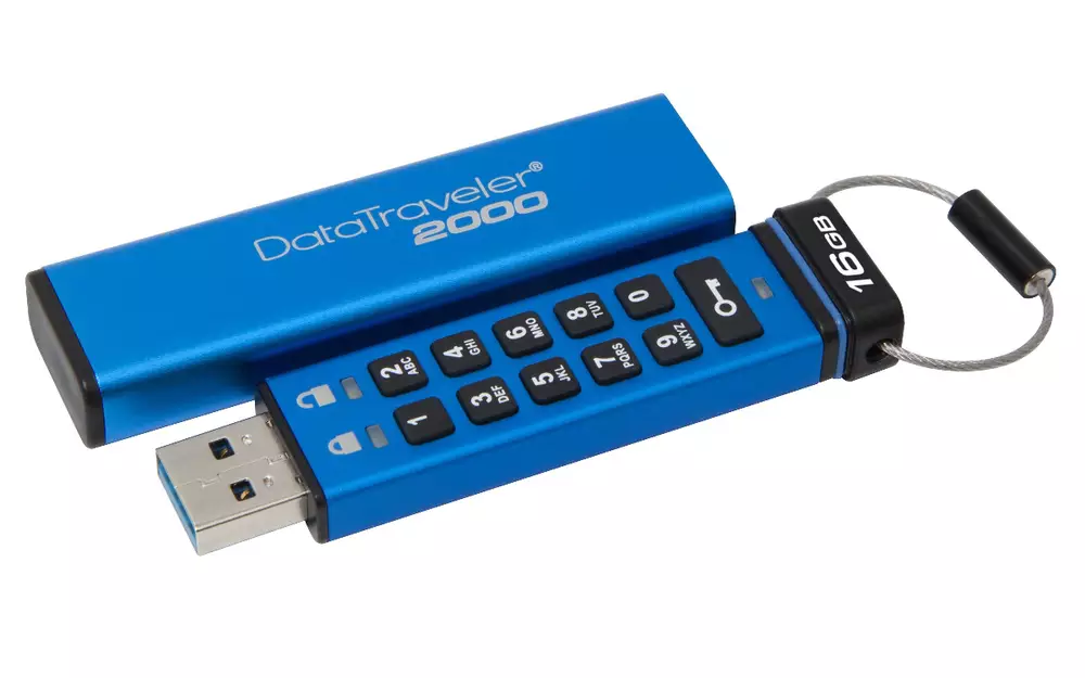 USB памет KINGSTON DataTraveler 2000, 16GB, USB 3.1, хардуерно криптиране, Син