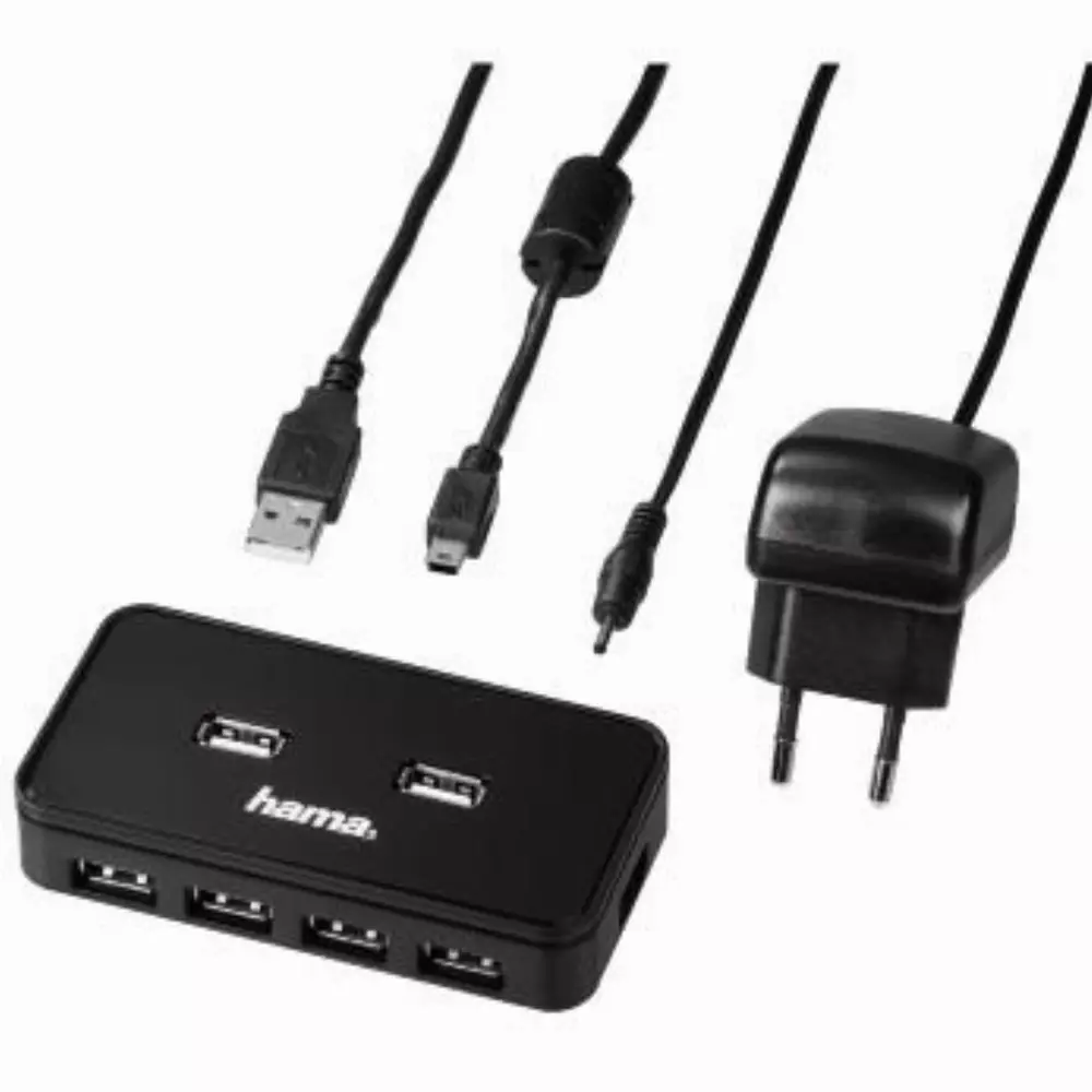 USB хъб със захранване HAMA, USB 2.0, 1:7,Черен