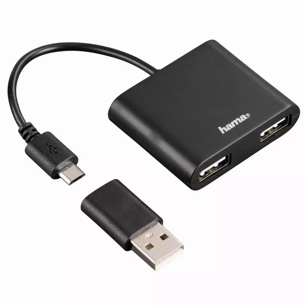 Хъб HAMA 1:2 за Смартфони/Таблети/Лаптопи/PC 3 в 1 за таблети и PC, USB 2.0, Черен