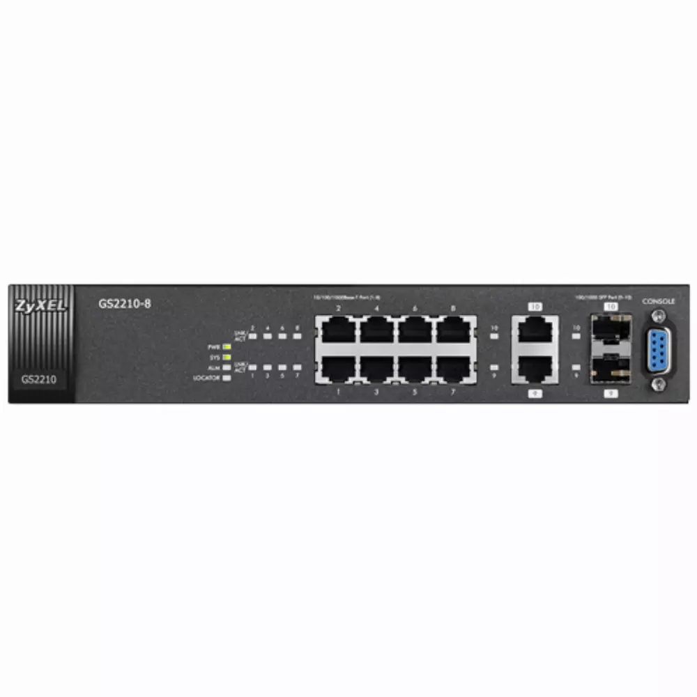 Суич ZYXEL GS2210-8HP, 10 портов управляем L2, PoE, Gigabit, за монтаж в шкаф