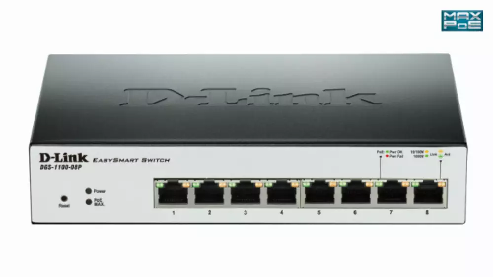 Суич D-Link DGS-1100-08P, 8 портов PoE 10/100/1000 Gigabit Smart Switch, управляем, за монтаж в шкаф