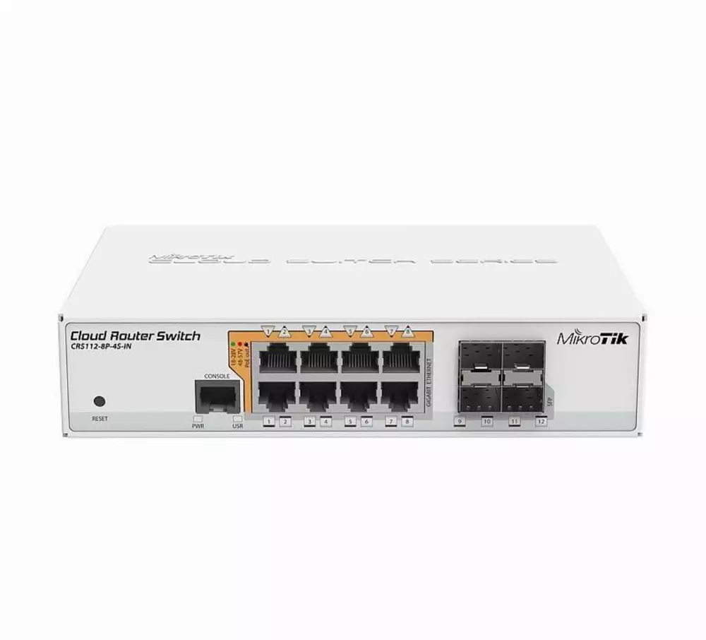 Суич MikroTik CRS112-8P-4S-IN, 8 x Gigabit Ethernet ports, 10/100/1000Mbps, 4 x SFP
