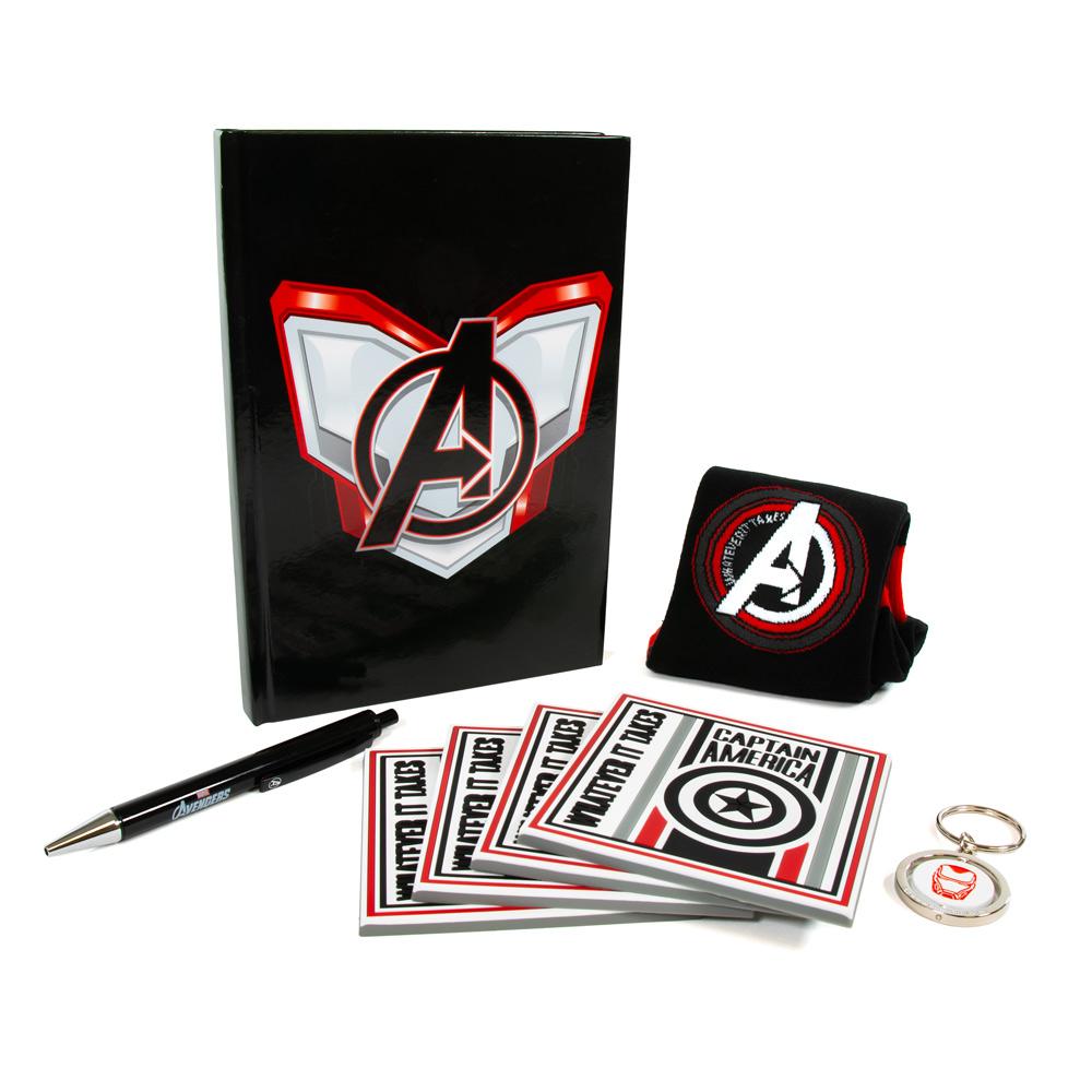 Комплект Numskull Marvel Avengers Endgame - Notebook, Pen, Keychain, Socks, Coasters