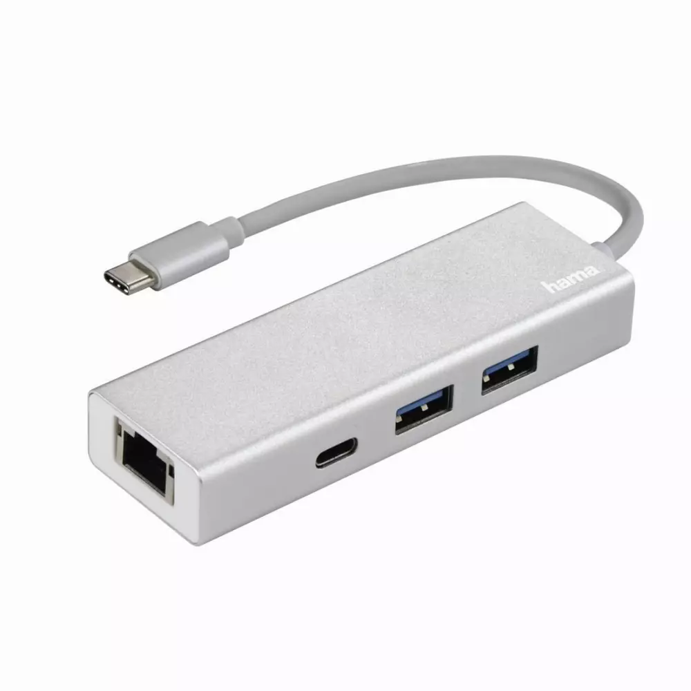 3-портов хъб USB-C HAMA Aluminium, USB 3.1 Gen1, 2 x USB-A, 1 x USB-C, 1х LAN, Сребрист