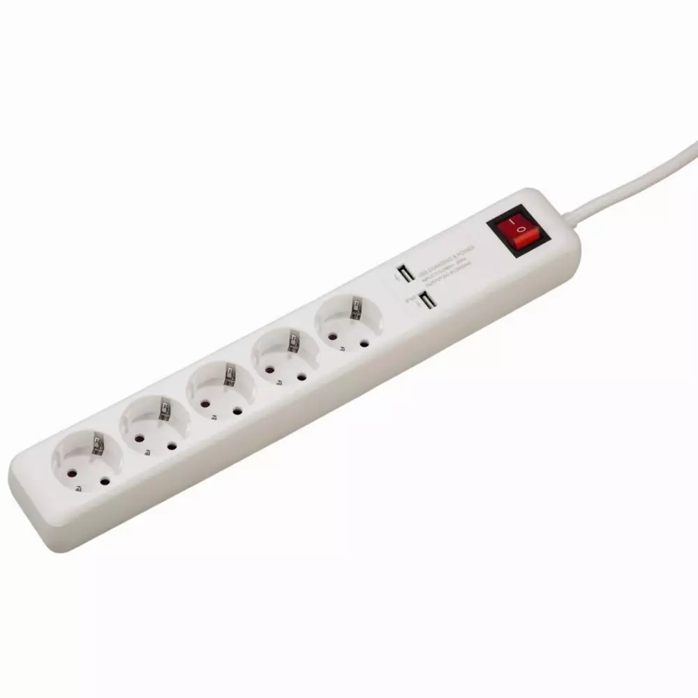 Πολύπριζο HAMA 137201, 5 υποδοχές, 2 x USB A, 1,5μ, κουμπί on/off, Λευκό