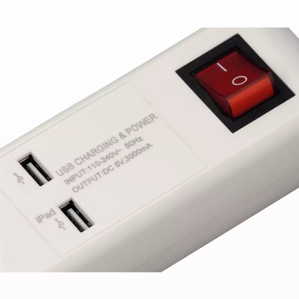 Разклонител HAMA 137201, 5 гнезда, 2 x USB A, 1,5м, бутон вкл/изкл, Бял