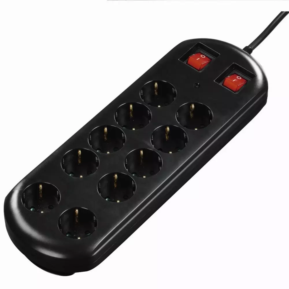 Разклонител HAMA 137253, 10 гнезда, 2 ключа, 2 m, Черен