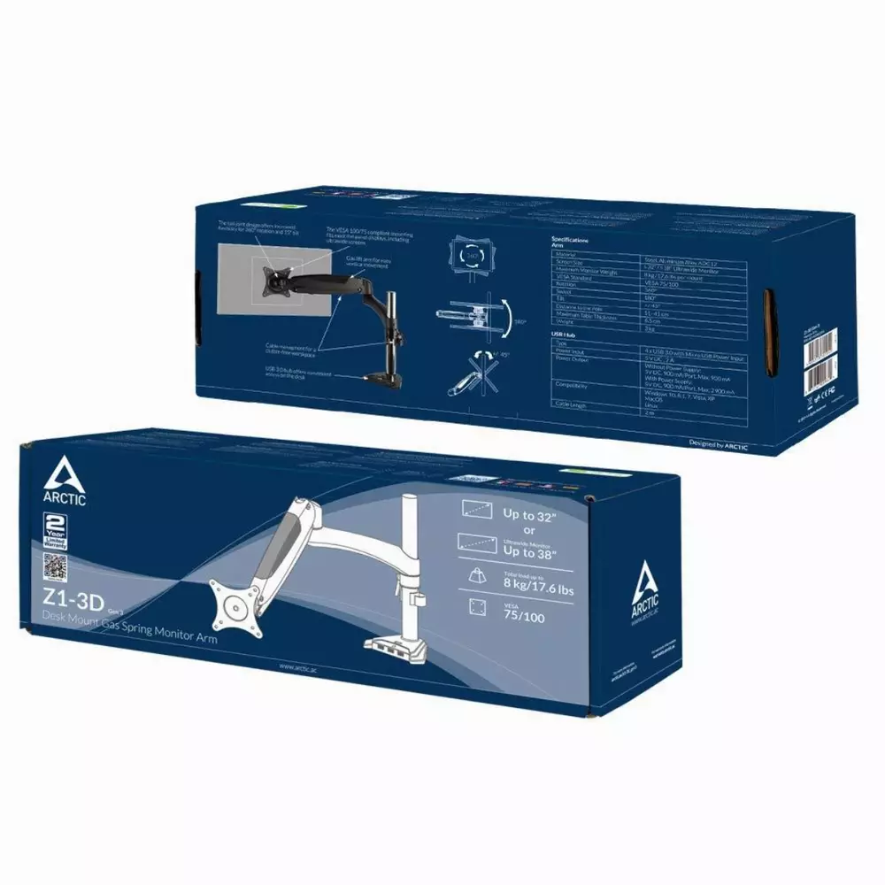 Стойка за монитор за бюро ARCTIC Z1-3D (Gen 3), Регулируема, до 38", 8 кг, hub USB 3.0, Черен