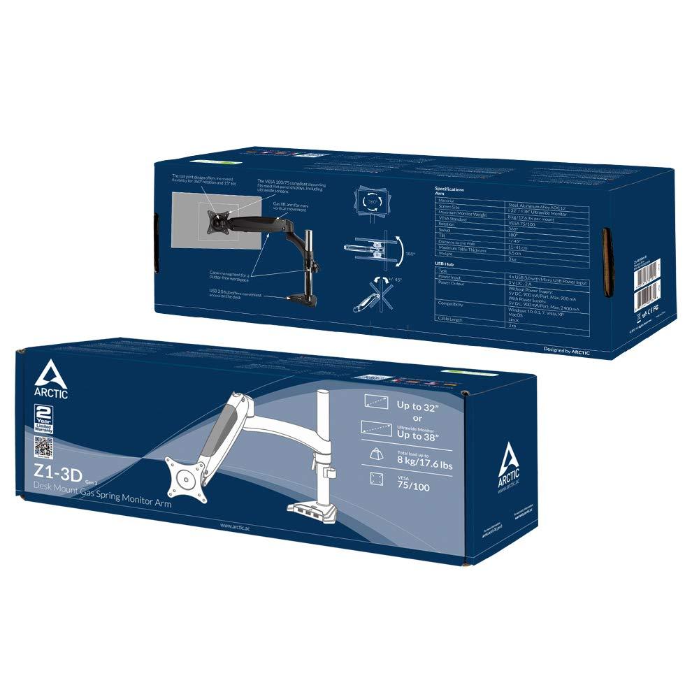 Стойка за монитор за бюро ARCTIC Z1-3D (Gen 3), Регулируема, до 38", 8 кг, hub USB 3.0, Черен