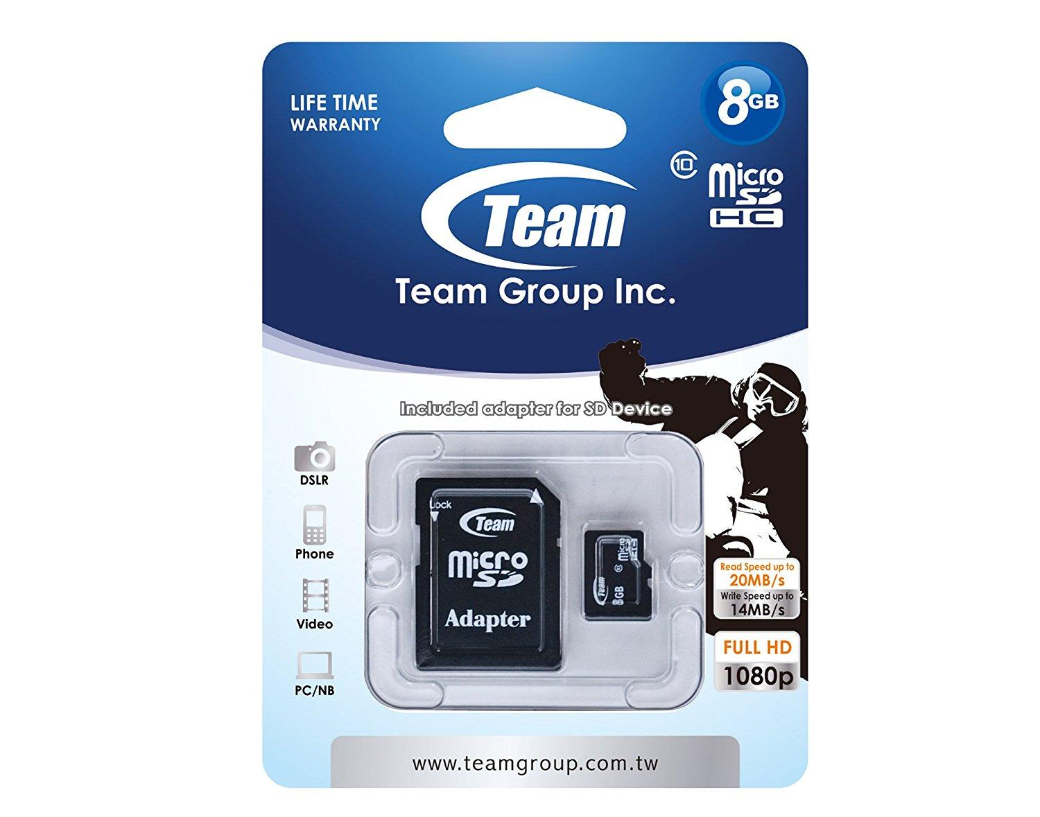 Carte mémoire TEAM micro SDHC, 8GB, Classe 10 avec Adaptateur SD