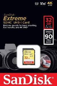 Карта памет SANDISK Extreme SDHC, 32GB, UHS-1,Class 10, U3, V30, 90 Mb/s