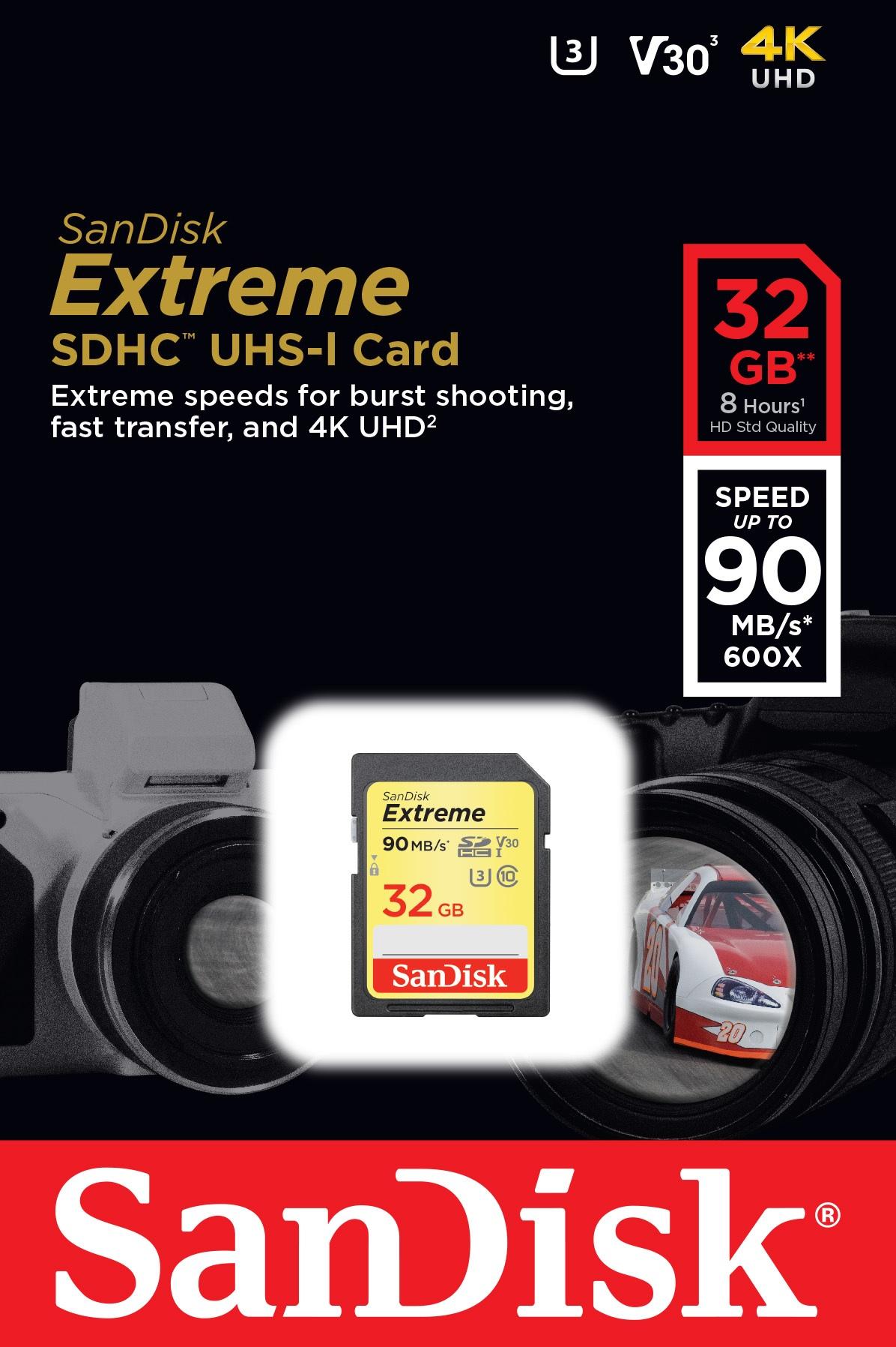 Карта памет SANDISK Extreme SDHC, 32GB, UHS-1,Class 10, U3, V30, 90 Mb/s