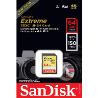 Карта памет SANDISK Extreme SDXC, 64GB, UHS-I, Class 10, U3, V30, 150 Mb/s