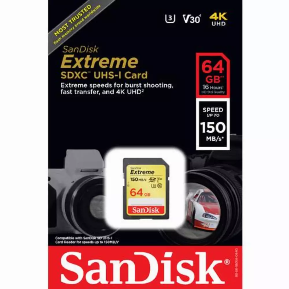 Карта памет SANDISK Extreme SDXC, 64GB, UHS-I, Class 10, U3, V30, 150 Mb/s
