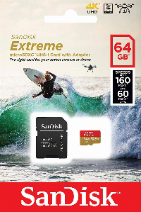 Карта памет SANDISK Extreme microSDXC, 64GB, 160MB/s, Class 10, U3, V30 SD Adapter