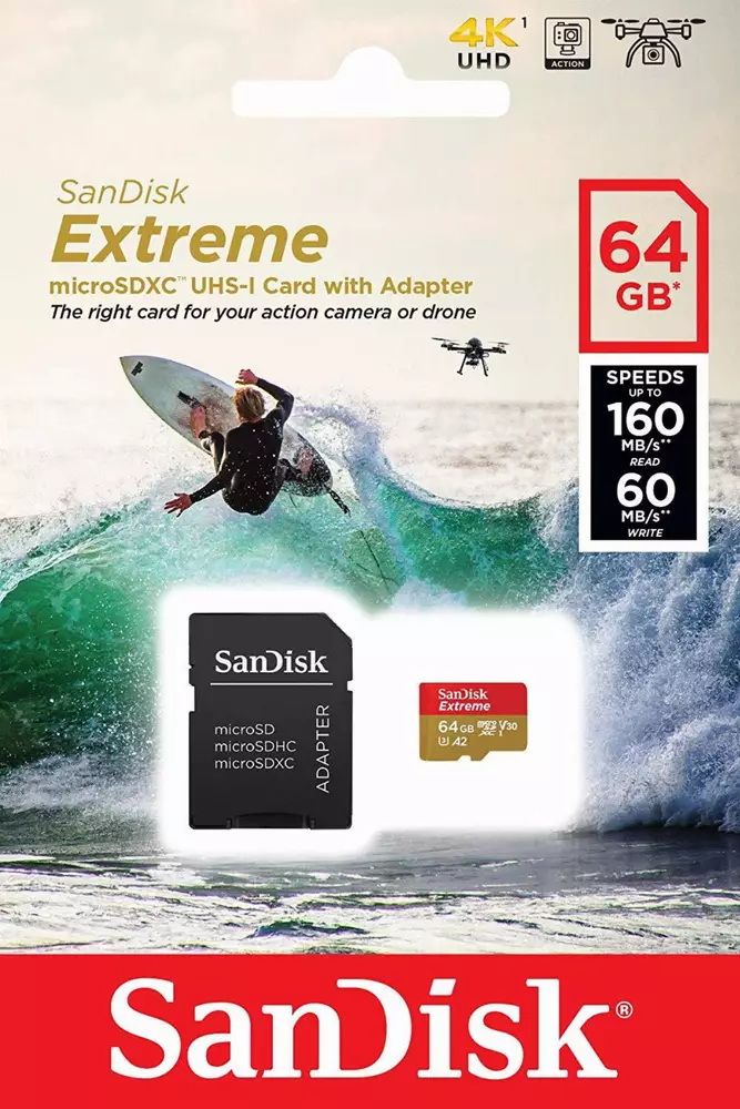 Карта памет SANDISK Extreme microSDXC, 64GB, 160MB/s, Class 10, U3, V30 SD Adapter