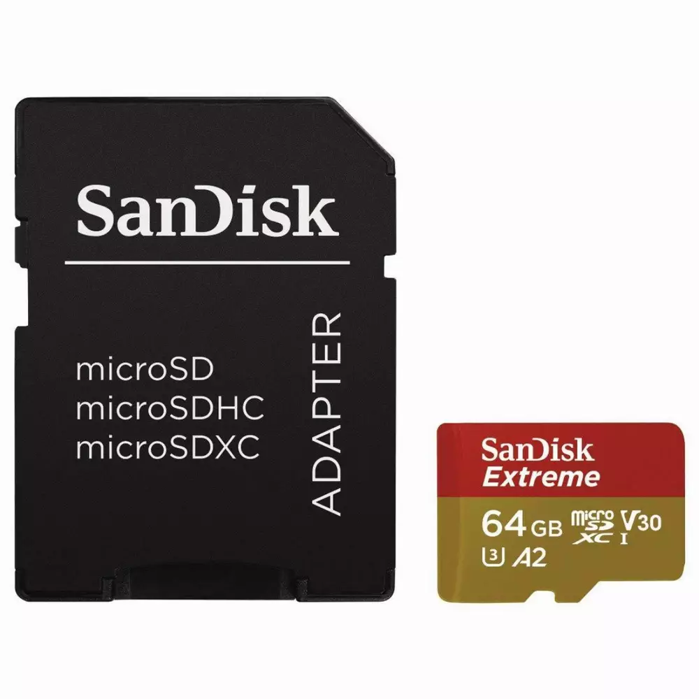 Карта памет SANDISK Extreme microSDXC, 64GB, 160MB/s, Class 10, U3, V30 SD Adapter