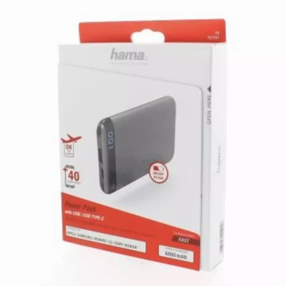 Външна батерия HAMA LED6S, 6000 mAh, Черен, Li-polymer
