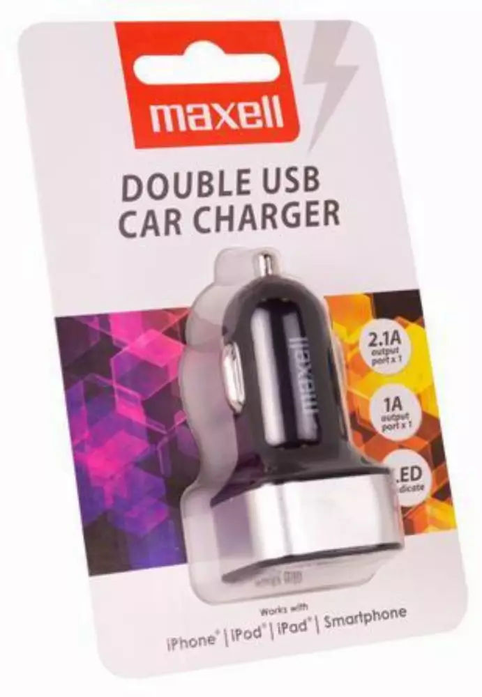 Зарядно за кола MAXELL DUAL с 2 изхода, 2 x USB, Черен/Сребрист