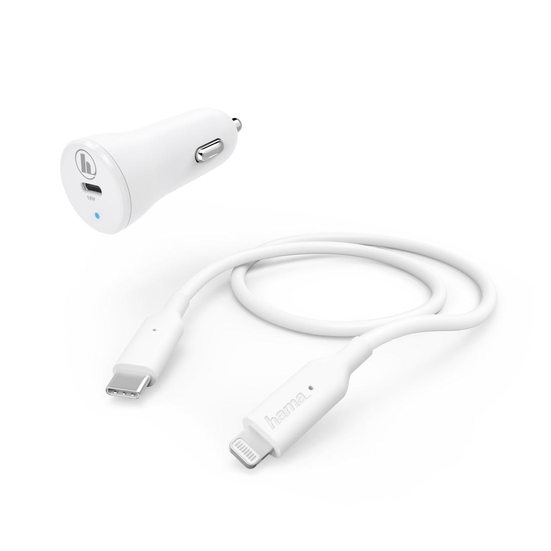 Зарядно за кола HAMA 183297, USB-C, USB-C-Lightning кабел, PD, 18 W, 1м, бял