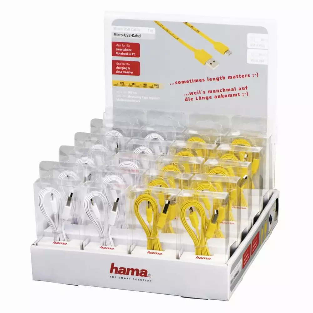 Кабел HAMA 12326, USB-A - MicroUSB, 1 м., USB 2.0, Измервателна лента, Бял/Жълт
