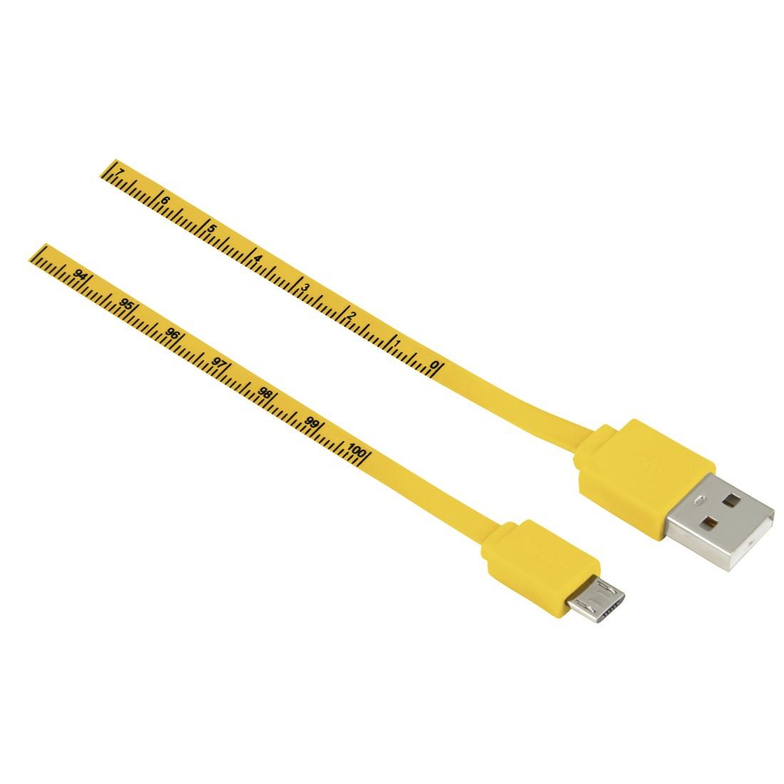 Кабел HAMA 12326, USB-A - MicroUSB, 1 м., USB 2.0, Измервателна лента, Бял/Жълт