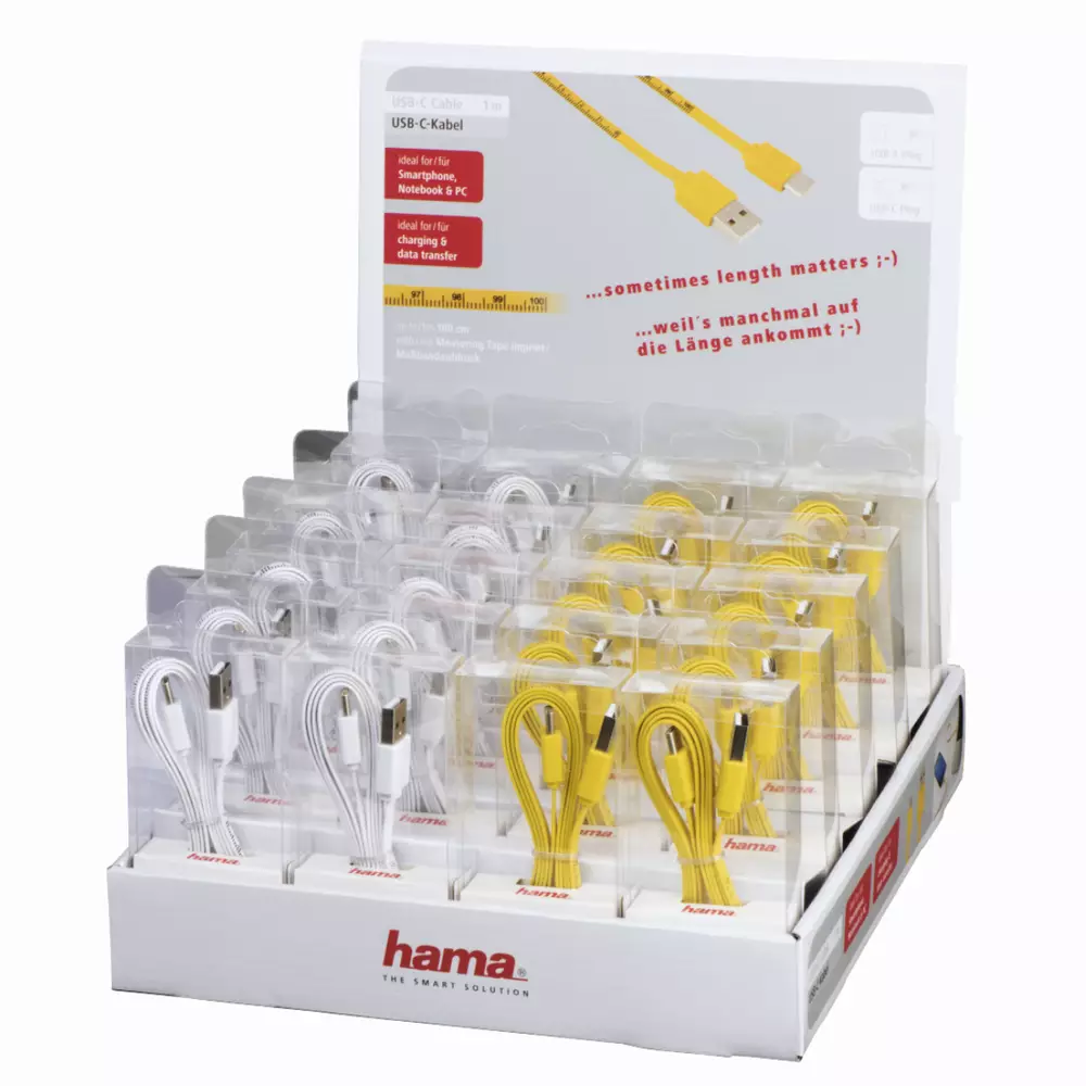 Кабел HAMA 12328, USB-A - USB-C, 1 м., USB 2.0, Измервателна лента, Бял/Жълт