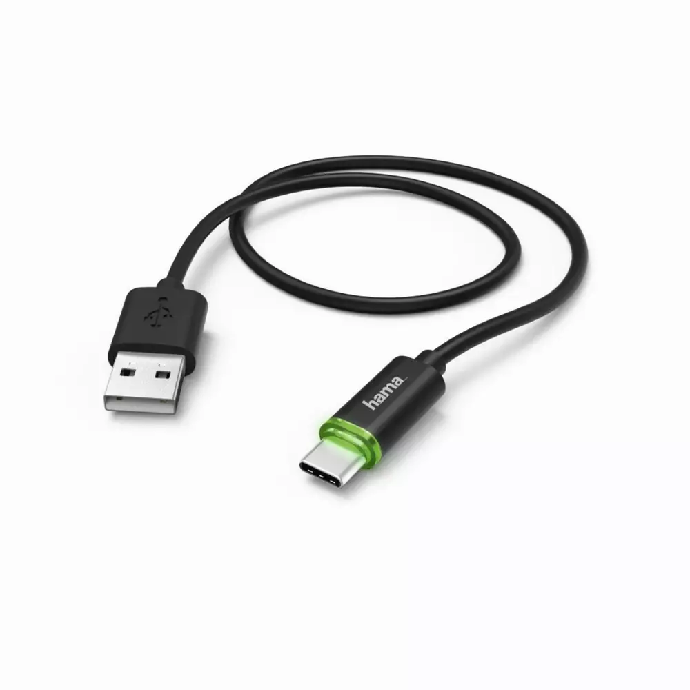 Кабел HAMA USB-C мъжко - USB 2.0 A мъжко, 1 м., LED индикатор, Черен