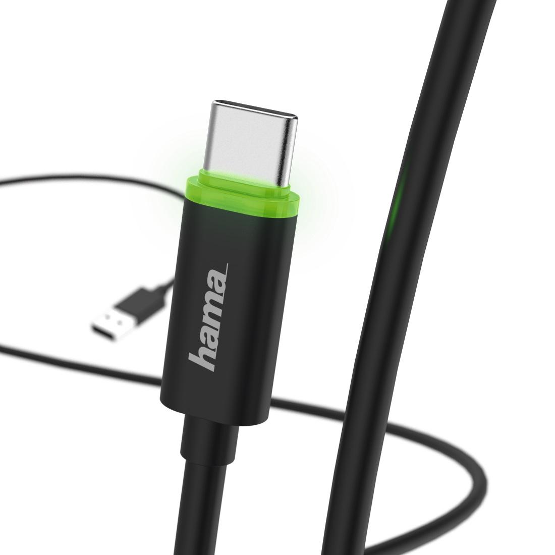 Кабел HAMA USB-C мъжко - USB 2.0 A мъжко, 1 м., LED индикатор, Черен