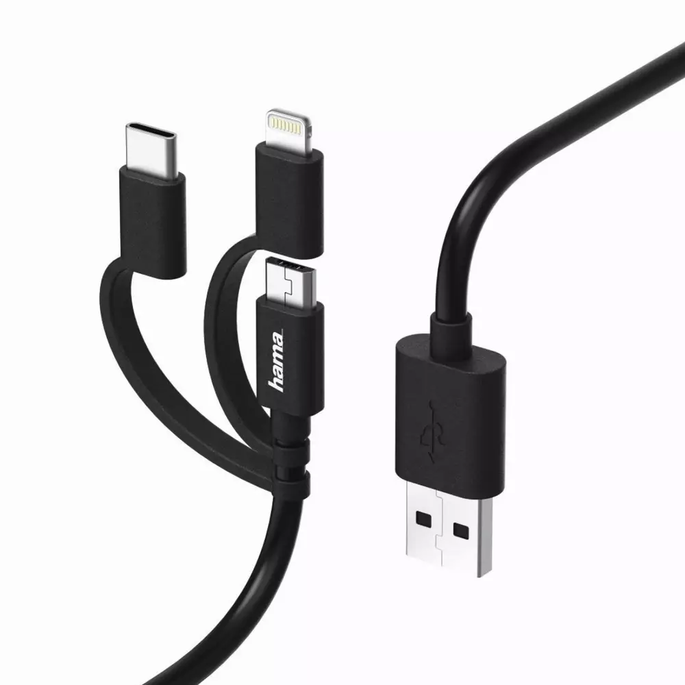 Кабел HAMA 3 в 1, USB-A мъжко - MicroUSB мъжко, адаптери Lightning и USB-C, 1 м., Черен