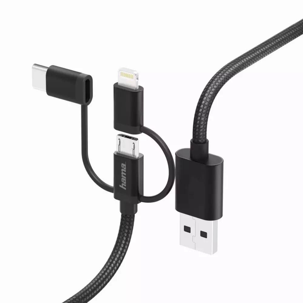 Кабел HAMA 3 в 1, USB-A мъжко - Micro USB мъжко, адаптери Lightning и USB-C, 1.5 м., Черен