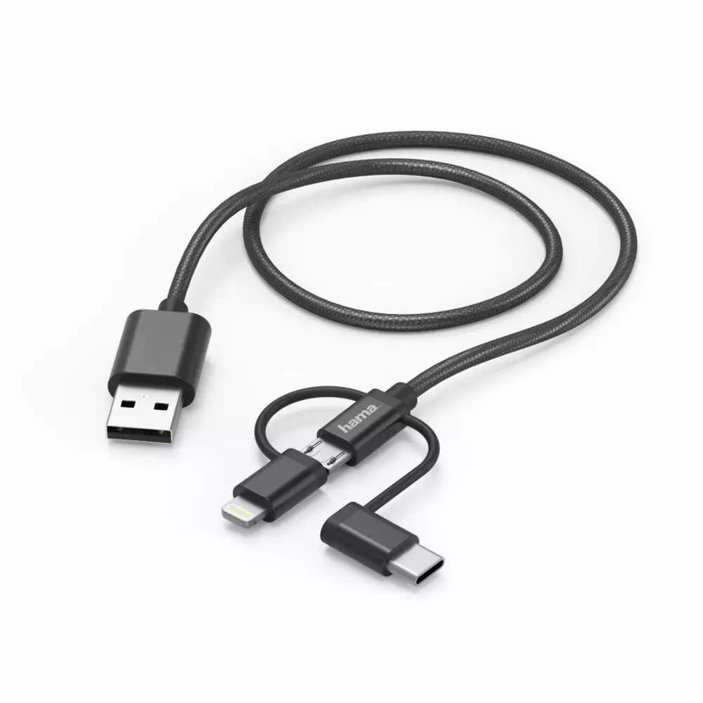 Кабел HAMA 3 в 1, USB-A мъжко - Micro USB мъжко, адаптери Lightning и USB-C, 1.5 м., Черен