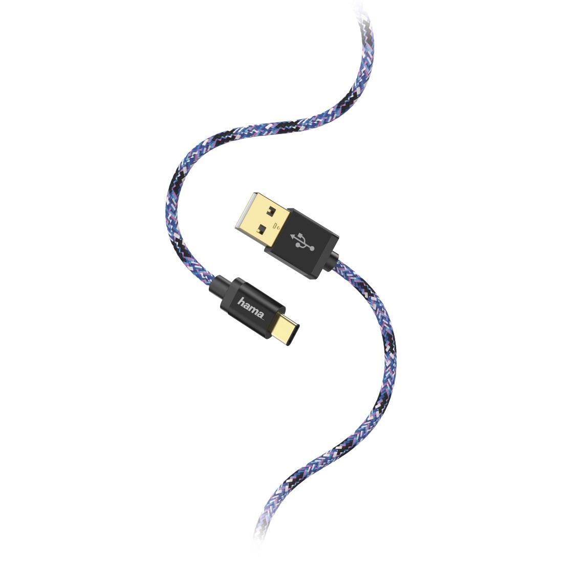 Кабел HAMA Sporty, USB-C мъжко-USB-A мъжко, 1.5 м., 480Mbit/s, син/розов