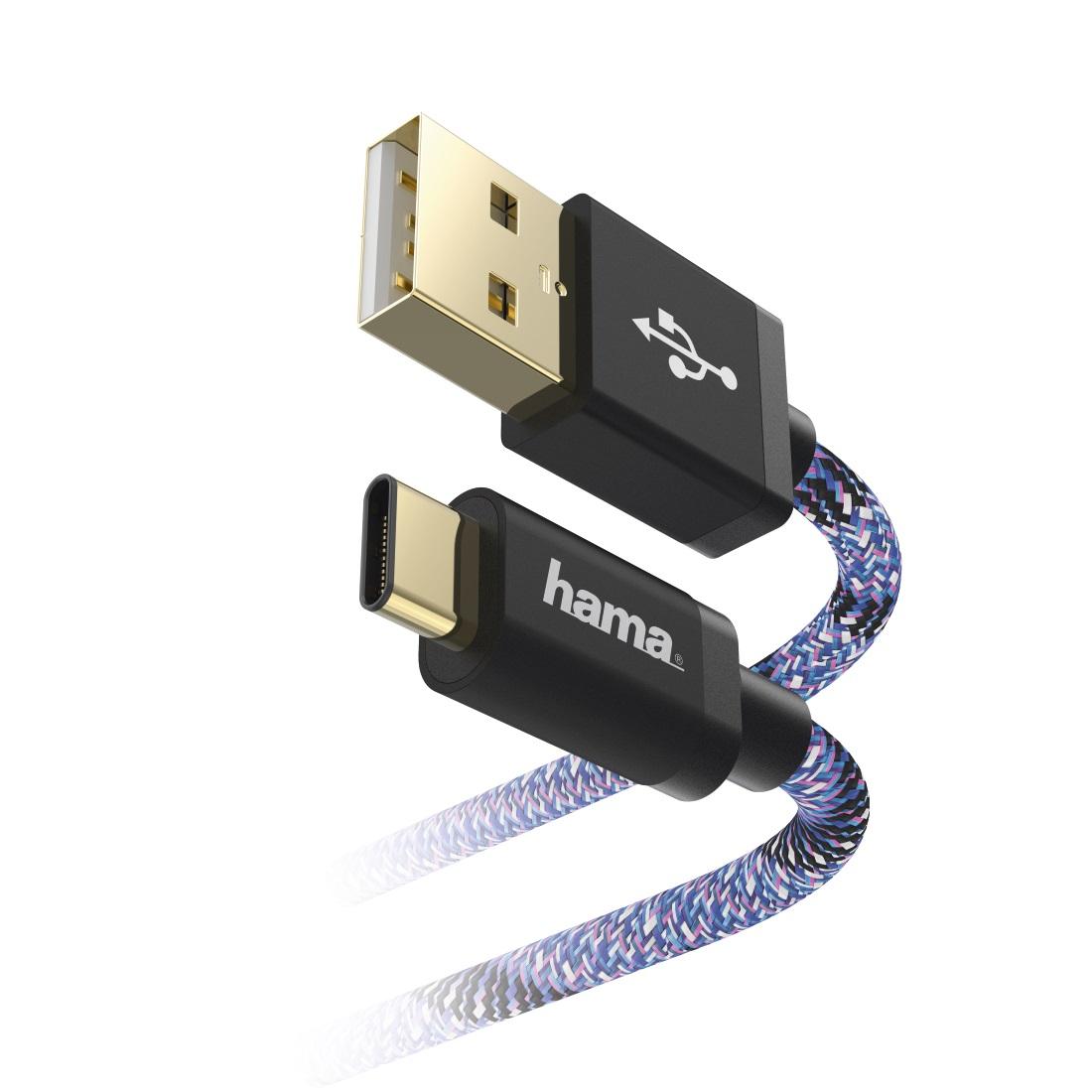Кабел HAMA Sporty, USB-C мъжко-USB-A мъжко, 1.5 м., 480Mbit/s, син/розов