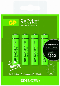 Акумулаторна Батерия GP  R03 AAA 400mAh RECYKO NiMH 4 бр. в опаковка GP с нищожен саморазряд когато не се използва