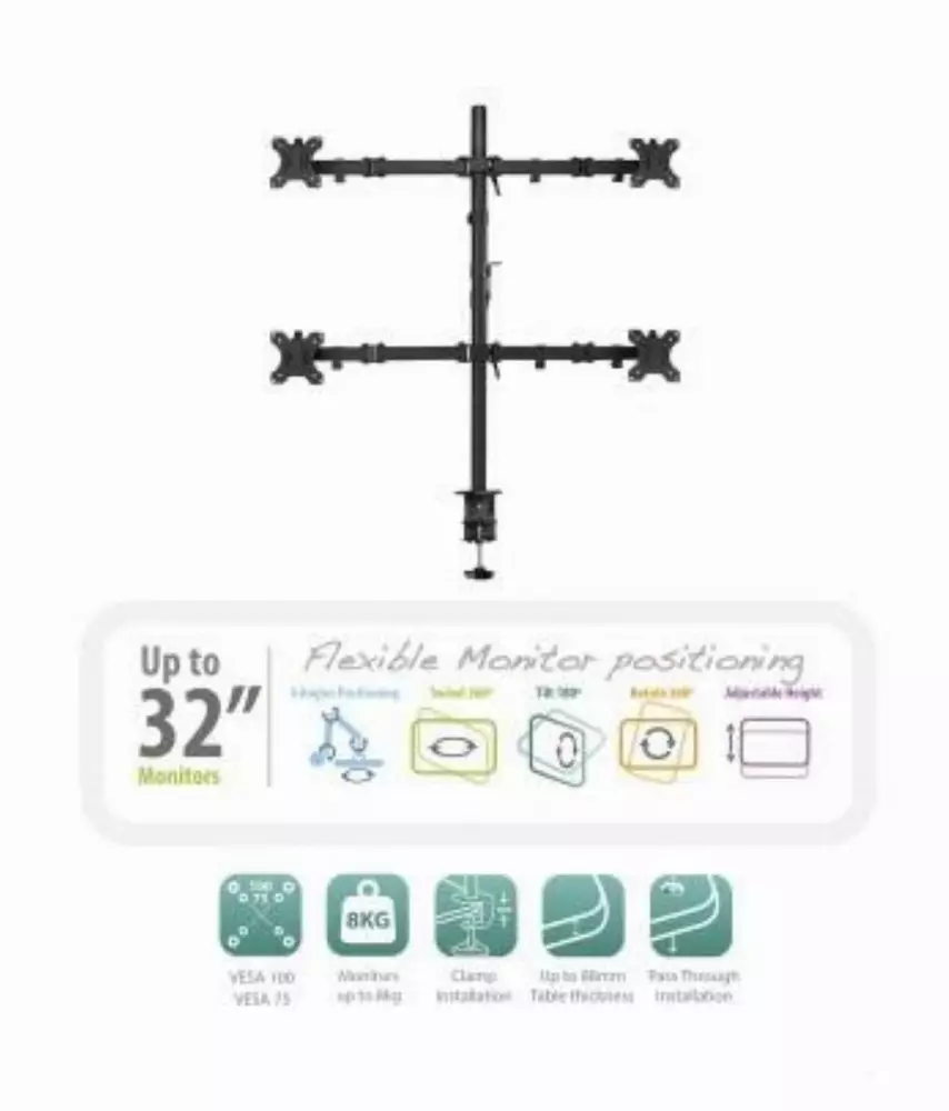 Стойка за 4 монитора за бюро Ewent EW1514, Регулируема, 2", 20 кг, Бюро, Черен