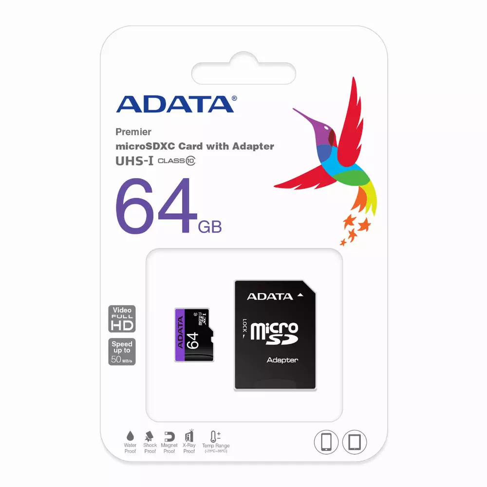 Карта памет ADATA Premier microSDXC 64GB SDMI+ADAP UHS-I Class 10 - AUSDX64GUICL10-RA1 
