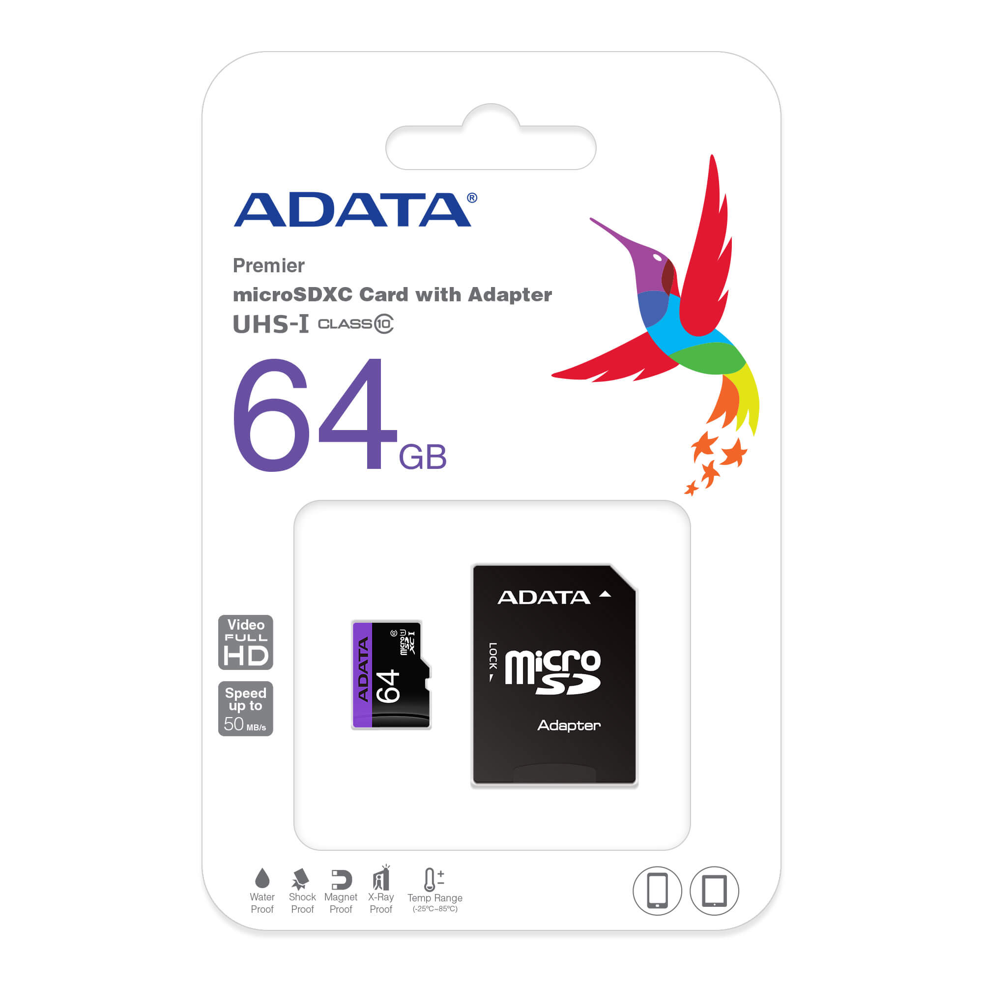 Карта памет ADATA Premier microSDXC 64GB SDMI+ADAP UHS-I Class 10 - AUSDX64GUICL10-RA1 