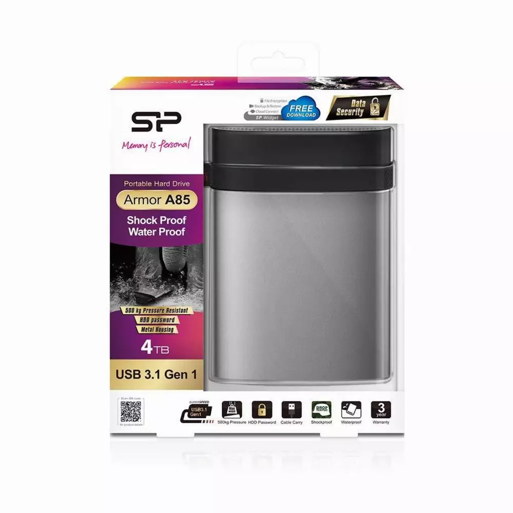 Външен диск SILICON POWER Armor A85, 4TB, 2.5" USB3.1, Водоустойчив, Сребрист