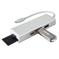 4-портов хъб USB 3.1 Type-C HAMA Aluminium, 2 x USB-A, 1 x USB-C, Card Reader, Сребрист