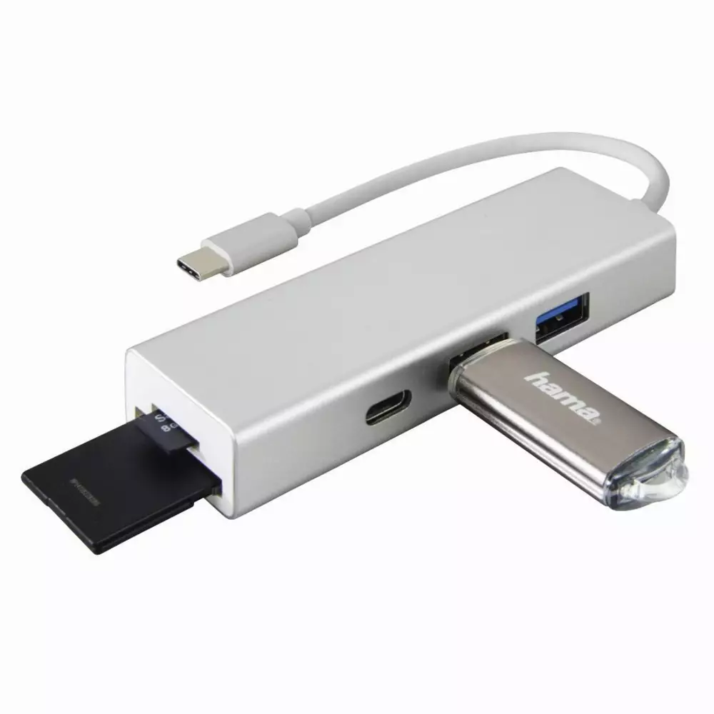 4-портов хъб USB 3.1 Type-C HAMA Aluminium, 2 x USB-A, 1 x USB-C, Card Reader, Сребрист