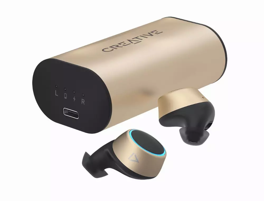 Блутут слушалки-тапи Creative Outlier Gold, с докинг кутийка, Wireless, Златисти