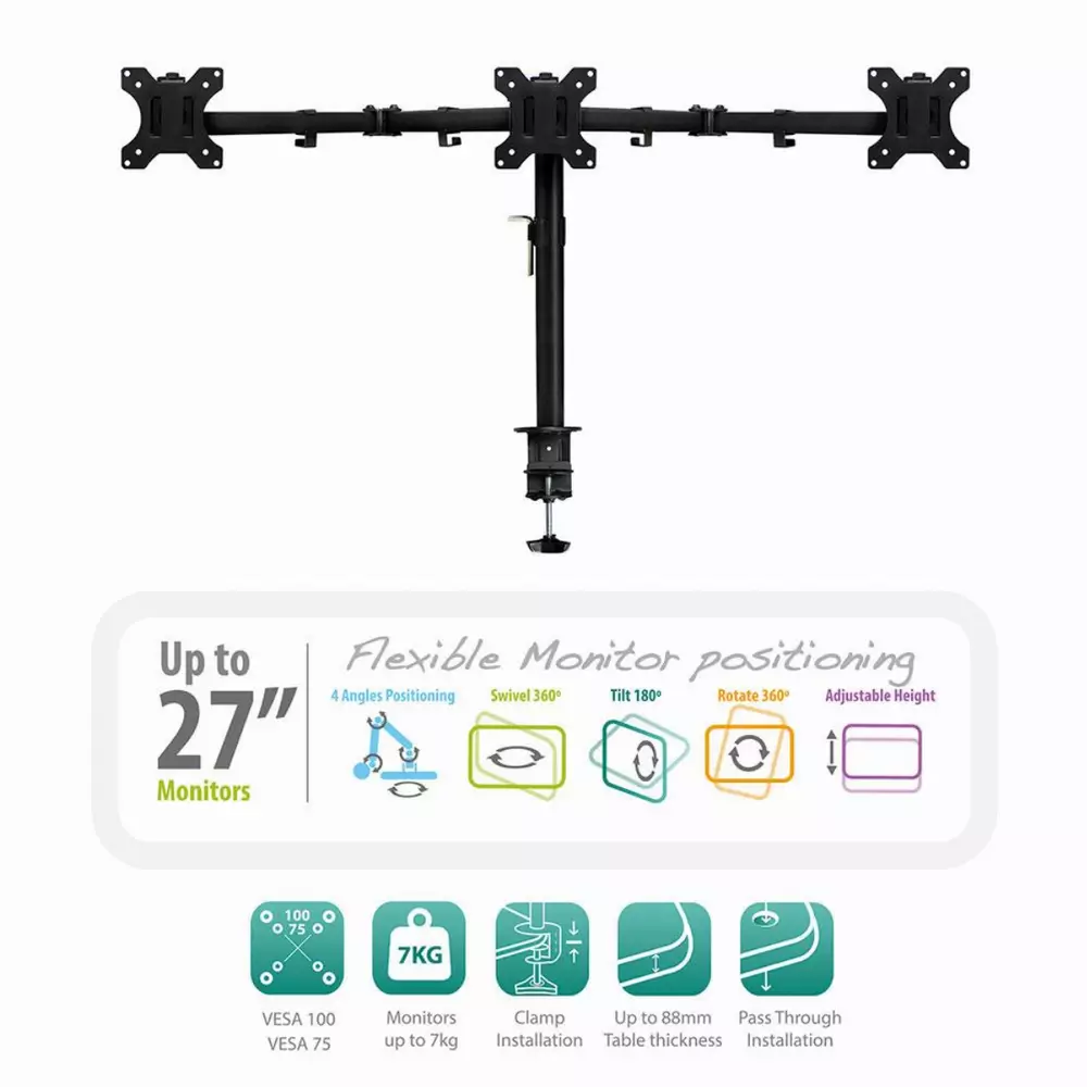 Стойка за 3 мониторa Ewent EW1513, за бюро, Регулируема, 27", 3x7 кг, Черен