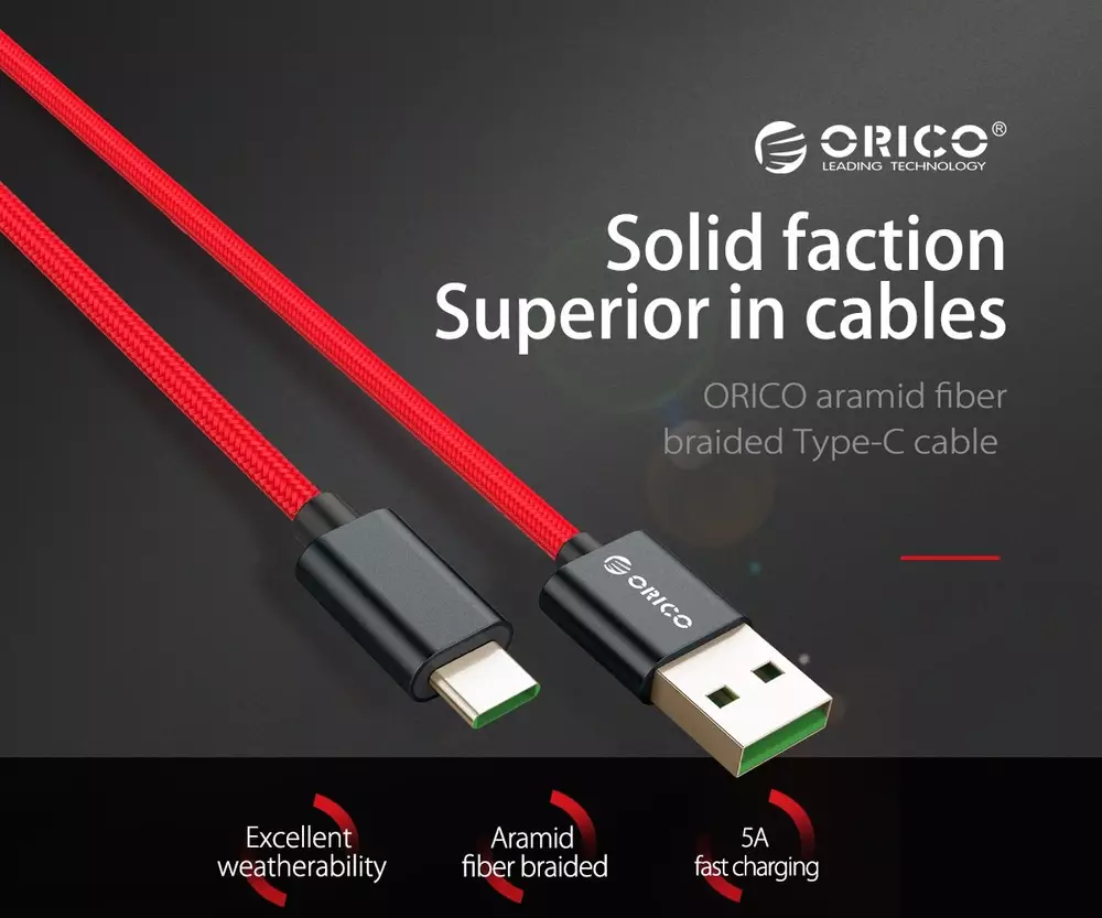 Orico кабел Cable - USB2.0 Type A to Type-C - 5A Fast Charging, Kevlar Braided, 1m - KAC-10-RD