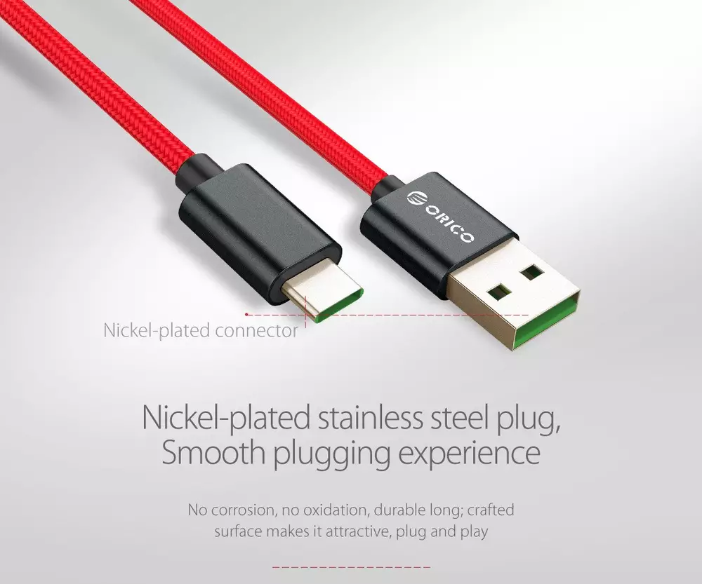 Orico кабел Cable - USB2.0 Type A to Type-C - 5A Fast Charging, Kevlar Braided, 1m - KAC-10-RD